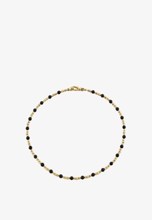 Goldperlenarmband mit abwechselnd kleinen schwarzen und goldenen Perlen, mit einem goldenen Karabinerverschluss.