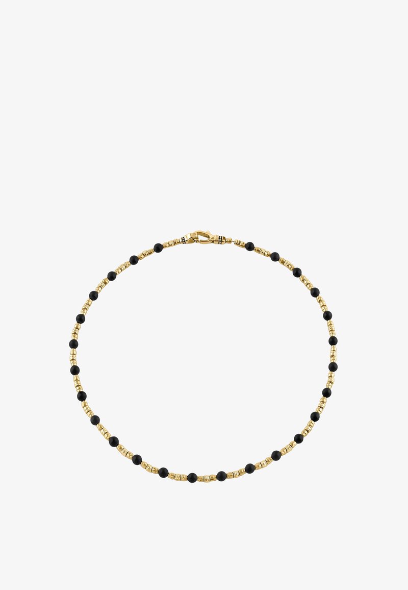 Bracelet à perles dorées alternant petites perles noires et dorées, avec fermeture à mousqueton doré.