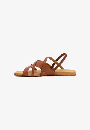 Brown flat sandal with three leather straps crossing the foot and a thin slingback strap, tan sole, and open toe design.