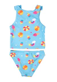 Blue two-piece swimsuit with colorful summer prints of ice cream, beach balls, rainbows, and lifebuoys for a child.