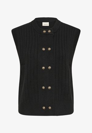Zwarte mouwloze gebreide vest met geribbelde textuur, met een ronde hals en dubbele gouden knoopaccenten aan de voorkant.
