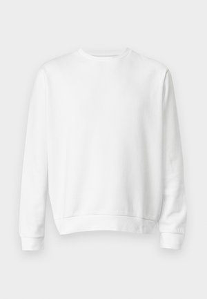 Weißes Crewneck-Sweatshirt aus weichem Baumwollstoff. Lange Ärmel, gerippte Bündchen und Saum, glatte Textur und minimalistisches Design.
