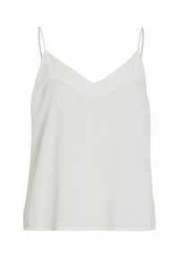 Top alb din satin cu bretele subțiri, decolteu în V și o textură netedă și moale. Design simplu, fără modele sau embellishments.