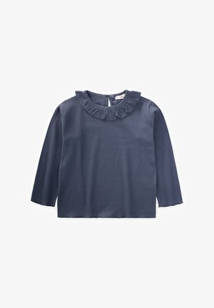 Marineblå ribstrikket langærmet skjorte med flæsekrave og knaplukning bagpå, designet til børn.
