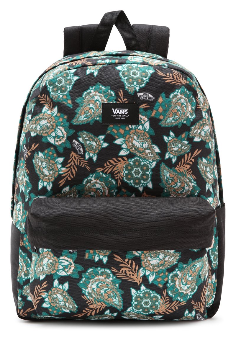 Sac à dos noir avec un motif floral intégral en teal, orange et blanc. Comprend une poche avant et des bretelles réglables. Logo de la marque affiché.