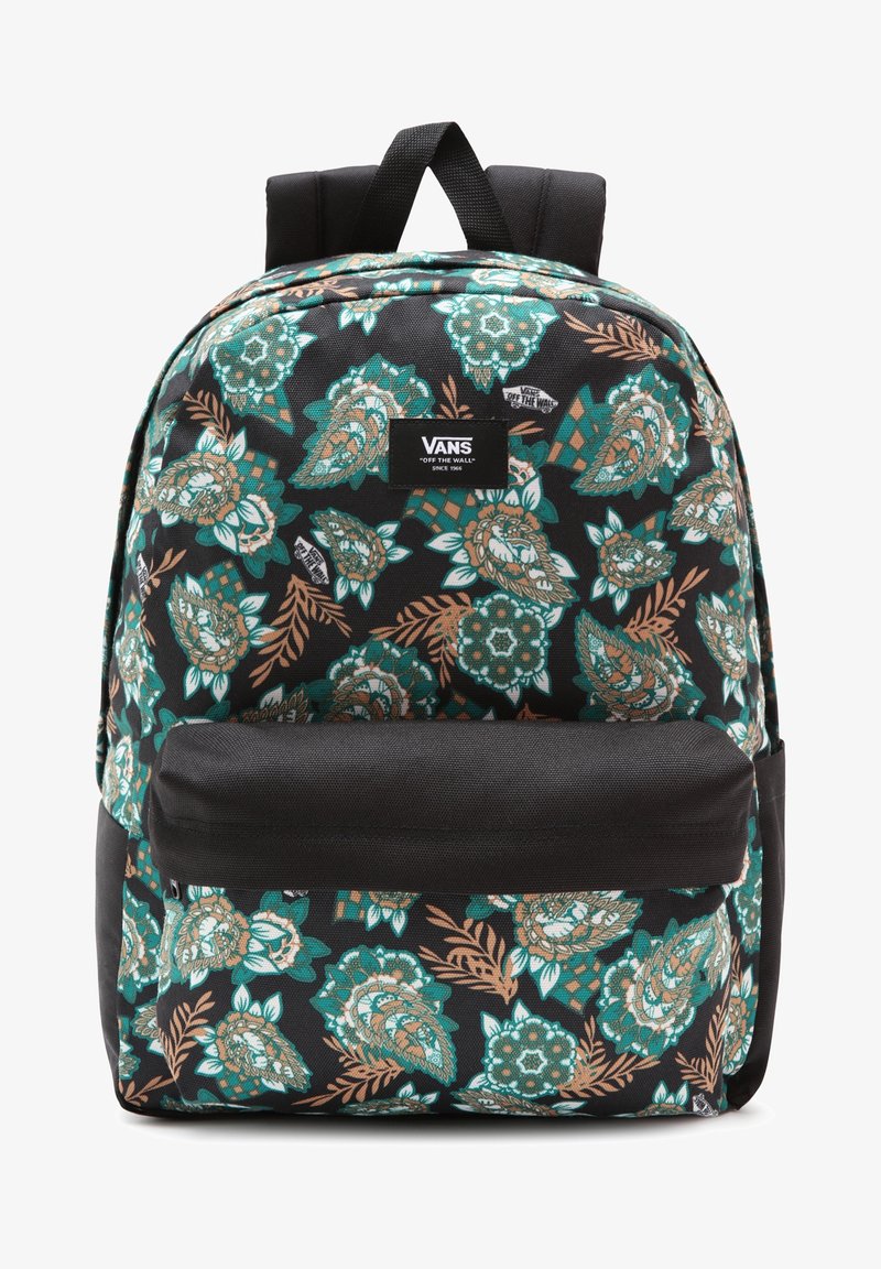 Sac à dos noir avec un motif floral intégral en teal, orange et blanc. Comprend une poche avant et des bretelles réglables. Logo de la marque affiché.