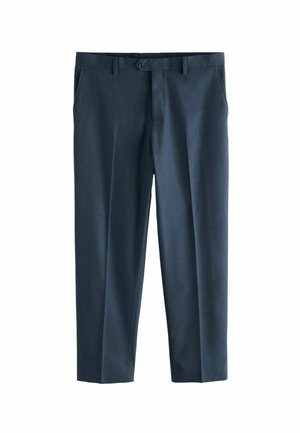 Navy blue dress pants with a smooth texture, straight cut, belt loops, and a single button closure at the waistband.