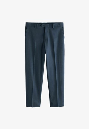 Navyblauwe broek van een gladde stof, rechte snit, riemlussen en een enkele knoopsluiting bij de taille.