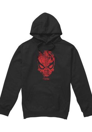 Schwarzer Kapuzenpullover mit rotem, verwaschenem Spider-Man-Maskenmotiv in der Mitte der Brust und einer Fronttasche.