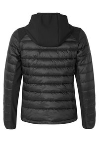Zwarte pufferjack met een capuchon, voorzien van een geheven textuur, elastische zijkanten en een gladde afwerking op de mouwen en het bovenste gedeelte van de rug.