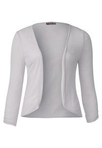 Ljusgrå öppen cardigan med långa ärmar, lätt rynkade manschetter och rundad nederkant, uppvisad mot en vit bakgrund.