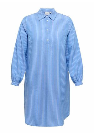 Modra dolga srajčna obleka z belimi navpičnimi črtami, ovratnikom, tremi gumbi na zgornjem delu spredaj in nabranimi manšetami.