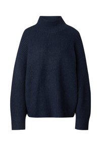 Navyblauer Rollkragenpullover aus geripptem Strickstoff. Verfügt über lange Ärmel und eine lockere Passform, mit einer strukturierten Oberfläche und einem leichten Aussehen.