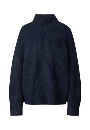 Navyblauer Rollkragenpullover aus geripptem Strickstoff. Verfügt über lange Ärmel und eine lockere Passform, mit einer strukturierten Oberfläche und einem leichten Aussehen.
