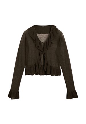 Dark brown long-sleeve cardigan with a ruffled front, tie closure, and flared cuffs. Made of lightweight, textured fabric.