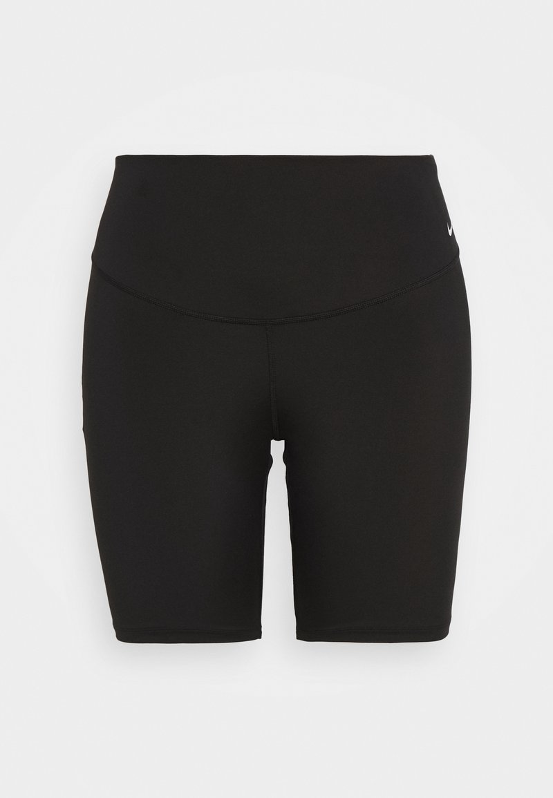 Sorte, højtaljede, tætsiddende atletikshorts med et lille hvidt Nike-logo på venstre hofte, vist mod en ensartet hvid baggrund.