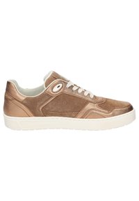 Bronzefarbene Sneakers aus einer Mischung aus Wildleder und metallischem Leder. Verfügt über weiße Schnürsenkel, eine Gummisohle und strukturierte Akzente.