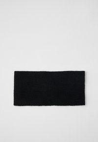 Fascia per la testa nera lavorata a maglia, forma rettangolare, superficie testo con righe orizzontali, realizzata in materiale morbido, adatta per il freddo.