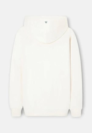 Sudadera con capucha color blanco hueso, mangas largas, puños y dobladillo acanalados, vista desde atrás sobre un fondo liso.