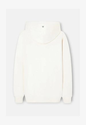 Sudadera con capucha color blanco hueso, mangas largas, puños y dobladillo acanalados, vista desde atrás sobre un fondo liso.