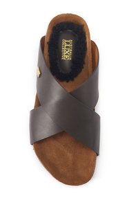 Brown slide sandal featuring crisscross straps in smooth material, soft suede insole, and fluffy lining. Gold hardware detail included.