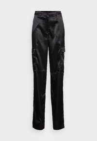 Mustat satiinipohjaiset cargo-housut suoranlahkeisella muotoilulla, joissa on sivutaskut ja nappikiinnitys vyötäröllä. Sileä pinta, klassinen leikkaus.