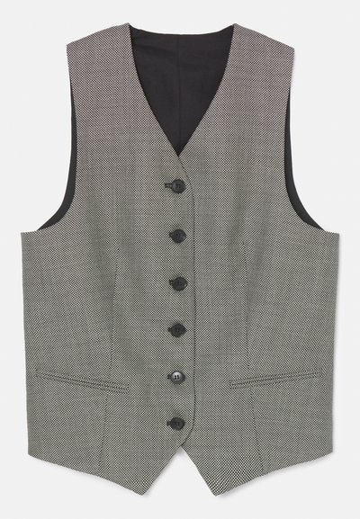 Μαύρο και λευκό εξεζητημένο γιλέκο με V λαιμό, που διαθέτει έξι κουμπιά, μαύρη επένδυση και υφή υφάσματος. Χωρίς μανίκια.