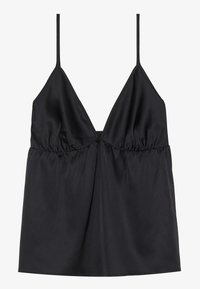 Fekete selyem camisole, vékony pántokkal, mély V-nyakkal és deréknál ráncolt anyaggal a kényelmes illeszkedés érdekében. Simaság jellemzi.