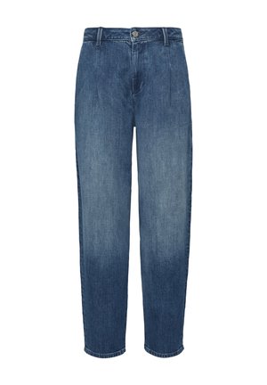 Jeans en denim, de couleur bleue délavée avec des teintes plus foncées en haut, design à jambes droites, fermeture à bouton et passants de ceinture.