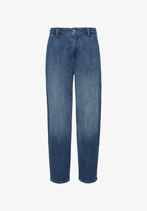 Denim jeans met een vervaagde blauwe kleur en donkere tinten aan de bovenkant, rechte pijpen, knoopsluiting en riemlussen.