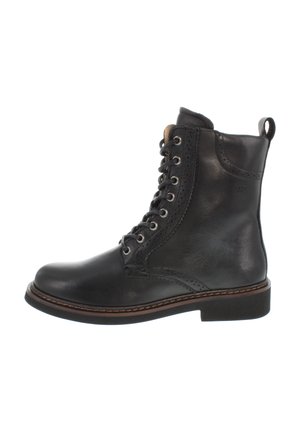 Black leather ankle boot featuring a smooth texture, round toe, lace-up front, perforated design, and a low stacked heel.