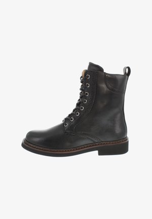 Schwarze Lederstiefelette mit glatter Oberfläche, runder Zehenpartie, Schnürung, perforiertem Design und niedrigem, gestapeltem Absatz.