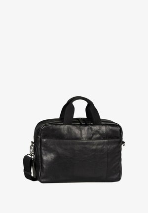 Zwarte leren laptoptas met dubbel handvat, een afneembare schouderriem en een rits bovenkant. Glad textuur met een klein buitenvak.