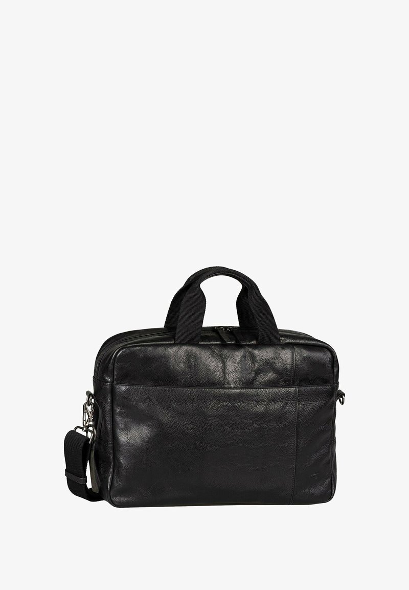 Schwarze Leder-Laptoptasche mit zwei Griffen, einem abnehmbaren Schultergurt und einem Reißverschluss oben. Glatte Textur mit einer kleinen Außentasche.