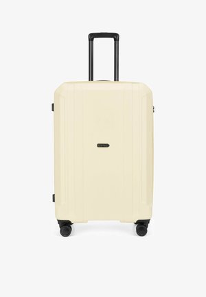 Cream-colored hard-shell suitcase with four black wheels and a retractable black handle, branded with "epic" logo in the center.