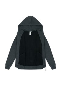 Dark gray zip-up hoodie with a black fleece interior, featuring a hood and front pockets. The exterior has a smooth texture and a relaxed fit.