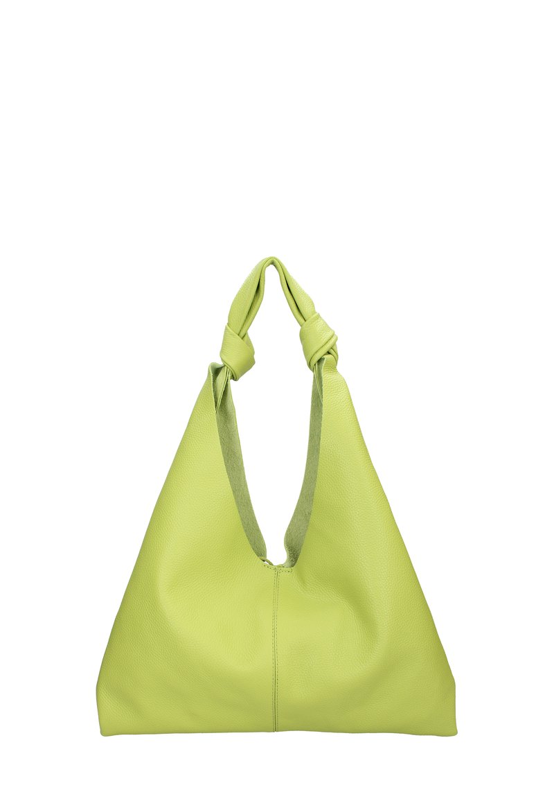 Groene leren hobo-tas met een zachte textuur, driehoekige vorm en knoopdetails aan de schouderriemen. Heeft een gladde afwerking en een minimalistisch ontwerp.