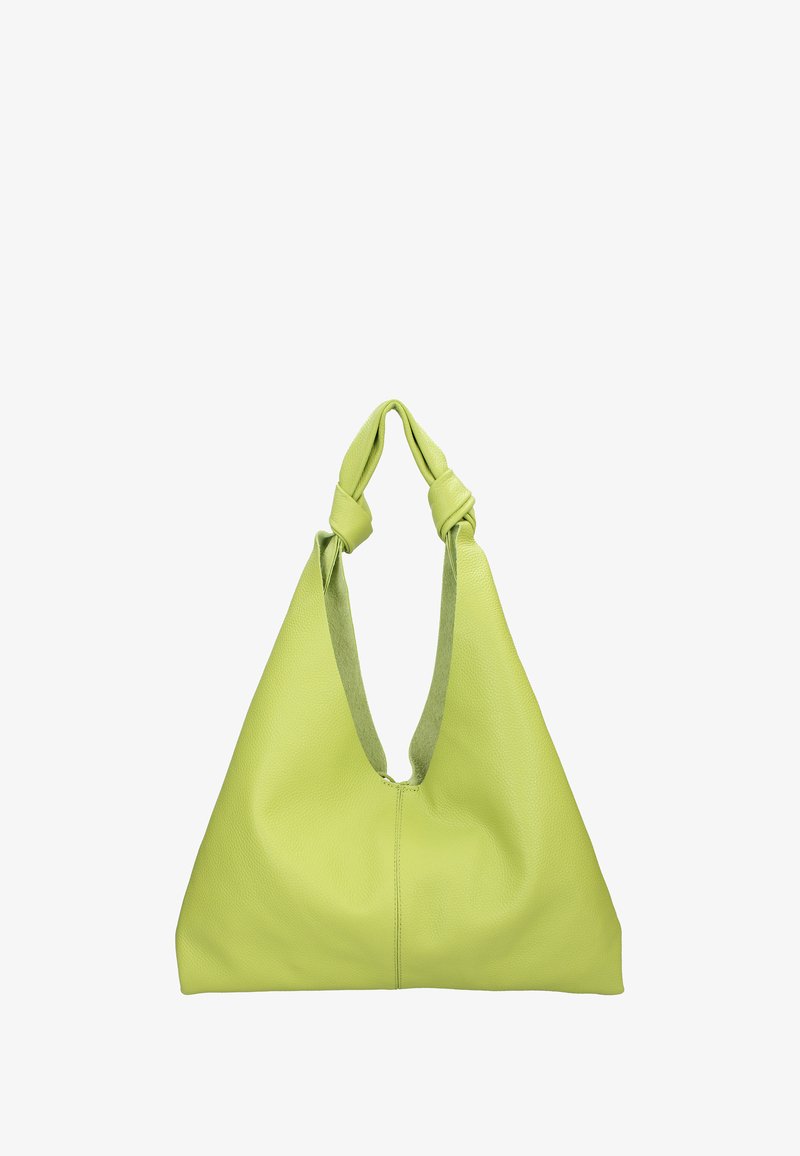 Borsa hobo in pelle verde con una texture morbida, forma triangolare e spallacci annodati. Presenta una finitura liscia e un design minimalista.