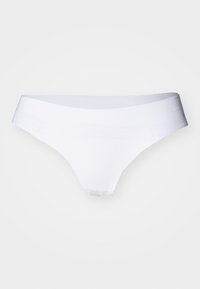 Hvit thong undertøy med en glatt tekstur, som har en bred linning og minimal design for et sømløst utseende.