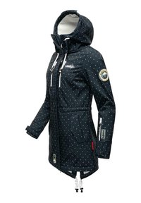 Navy polka-dot waterproof jacket with a hood, drawstring waist, two front pockets, and a logo patch on the sleeve. Features contrasting zippers.