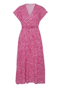 Růžové maxi šaty s paisley vzorem, krátké rukávy, zavinovací design, nastavitelné vázání v pase a měkká, texturovaná látka.