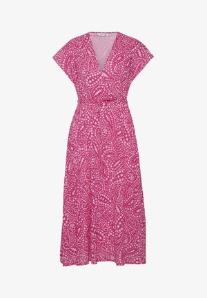 Roosa maxi kleit paisley mustriga, lühikeste varrukatega, ümbritseva disainiga, reguleeritava vöödega ja pehme, tekstuurses kangas.