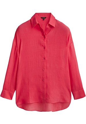 Chemise à manches longues rose vif avec boutons et col, tissu légèrement transparent et ourlet arrondi, présentée sur fond blanc.