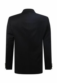 Schwarze Blazer mit maßgeschneidertem Design, langen Ärmeln und glatter Textur. Auffällige goldene Akzentknöpfe an den Manschetten, Rückansicht.
