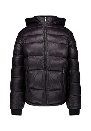 Zwarte donzen jas met capuchon, met een gladde textuur, ritssluitingen aan de zakken en geribbelde manchetten. Ontworpen met een gewatteerd patroon.