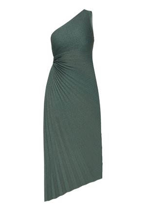 Grøn kjole med én skulder lavet af ribstrikket stof; har teksturerede plisseringer og samling ved taljen, der skaber en slank silhuet.