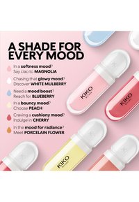 Six gloss à lèvres KIKO Milano aux couleurs pastel sont disposés autour d’un texte décrivant des teintes nommées Magnolia, Mûrier blanc, Myrtille, Pêche, Cerise et Fleur de porcelaine.