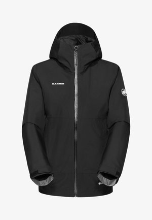 Sort vandtæt jakke med hætte og lynlås foran, Mammut-logo på bryst og ærme, justerbare velcrolukninger ved ærmekanterne samt Gore-Tex-mærkat nær kanten.