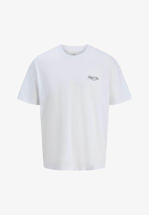 White cotton t-shirt with a round neck and short sleeves; features a small black logo on the upper left side. Simple, solid color design.