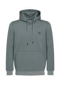 Lichtgrijs-groene hoodie met een voorzak, een trekkoordkap en een klein vierkant logo op de borst.